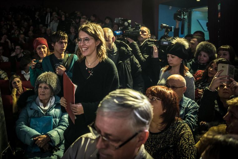 Presidentskandidaat Ksenia Sobtsjak woensdag tijdens een campagnebijeenkomst in Irkoetsk. Beeld Sergey Ponomarev