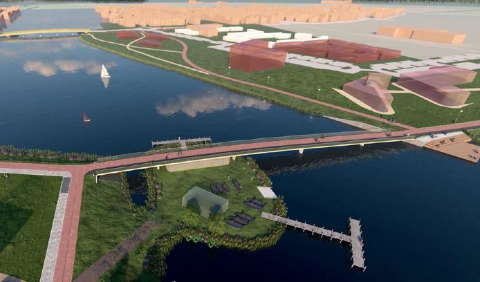 Overzicht van de Groote Wielenplas. Op de voorgrond de nieuwe brug met rechts het noordelijk deel van de wijk met het nog te ontwikkelen centrum.