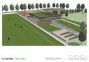 Een impressie van de toekomstige MFA in Haalderen. Rechts het gebouw waar de sportkantine en het dorpshuis een plek in krijgen. Links een van de twee velden van RKVV HAVO.