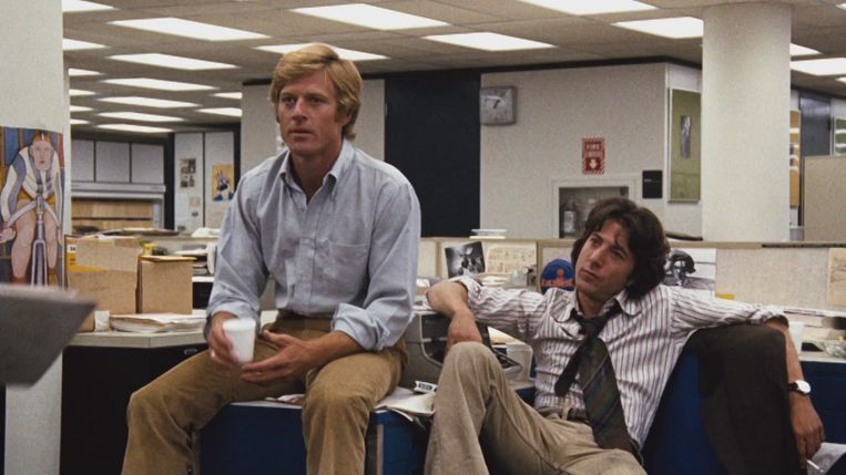 Journalisten Robert Redford en Dustin Hoffman in Watergateklassieker All the Presidents Men, 1976 Beeld  