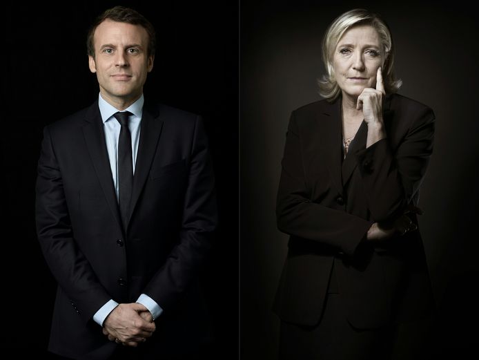 Emmanuel Macron (L) en Marine Le Pen (R).