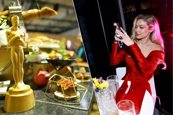 Links: een blik op het verfijnde eten dat geserveerd zal worden op het Governors Ball. Rechts: Gigi Hadid neemt een foto tijdens de Vanity Fair Oscar Party
