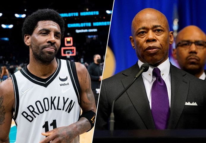 Kyrie Irving (L) mag met dank aan burgemeester van New York, Eric Adams (R), opnieuw thuiswedstrijden spelen