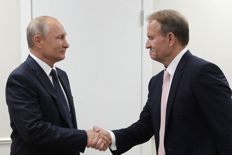 Victor Medvedtsjoek (rechts) tijdens een ontmoeting met Vladimir Poetin in 2019.  Beeld ANP / EPA
