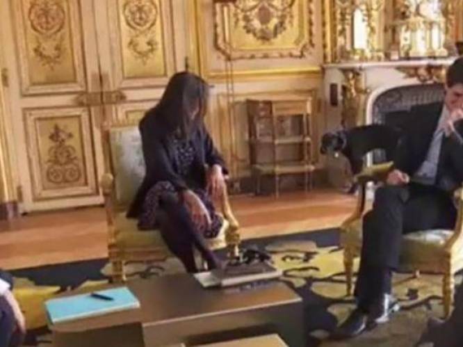 Hond van Macron plast tegen open haard tijdens meeting