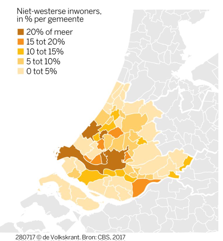 Niet-westerse inwoners in percentage per gemeente Beeld  de Volkskrant