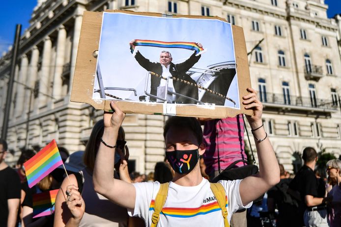 Un participant tient une pancarte montrant le Premier ministre hongrois Viktor Orban tenant un foulard aux couleurs de l'arc-en-ciel, devant le bâtiment du Parlement à Budapest, le 14 juin 2021, lors d'une manifestation contre le projet de loi du gouvernement hongrois visant à interdire la "promotion" de l'homosexualité et des changements de sexe.
