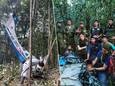 Links: het wrak van het vliegtuig. Rechts: de militairen poseren met de teruggevonden kinderen.