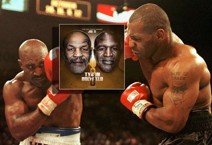 Evander Holyfield en Mike Tyson (rechts). Inzet: de poster voor het gevecht op 11 juli.