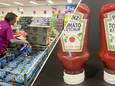 De over de datum winkel in de Molenpoort in Nijmegen. Links de Heinz ketchup van de Datumvoordeelshop, en rechts de ketchup uit de 'normale supermarkt'.