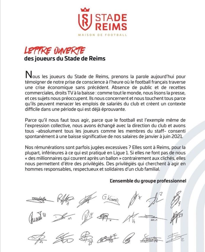 De spelers Stade Reims onderteken een open brief van de club.