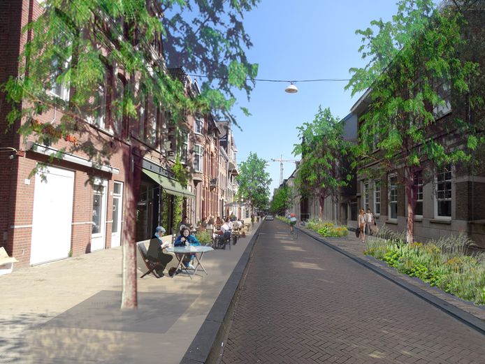 Variant 1, voorkeur van de gemeente: de Stationsstraat in het groen, bomen in de verharding aan de westzijde, groenvakken met bomen op de oostzijde.