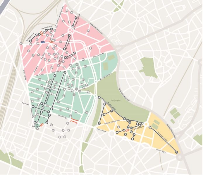 De perimeter van de wijk, verdeeld in drie zones.