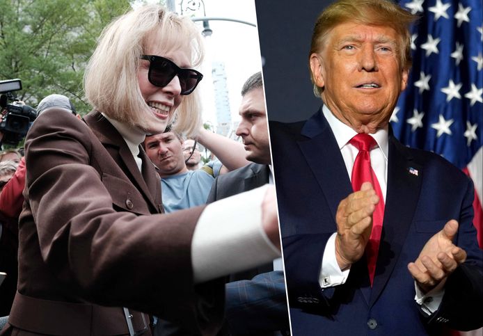 Fotomontage. Trump stond terecht voor de verkrachting van schrijfster E. Jean Carroll in 1996 in een pashokje van het luxewarenhuis Bergdorf Goodman in Manhattan.