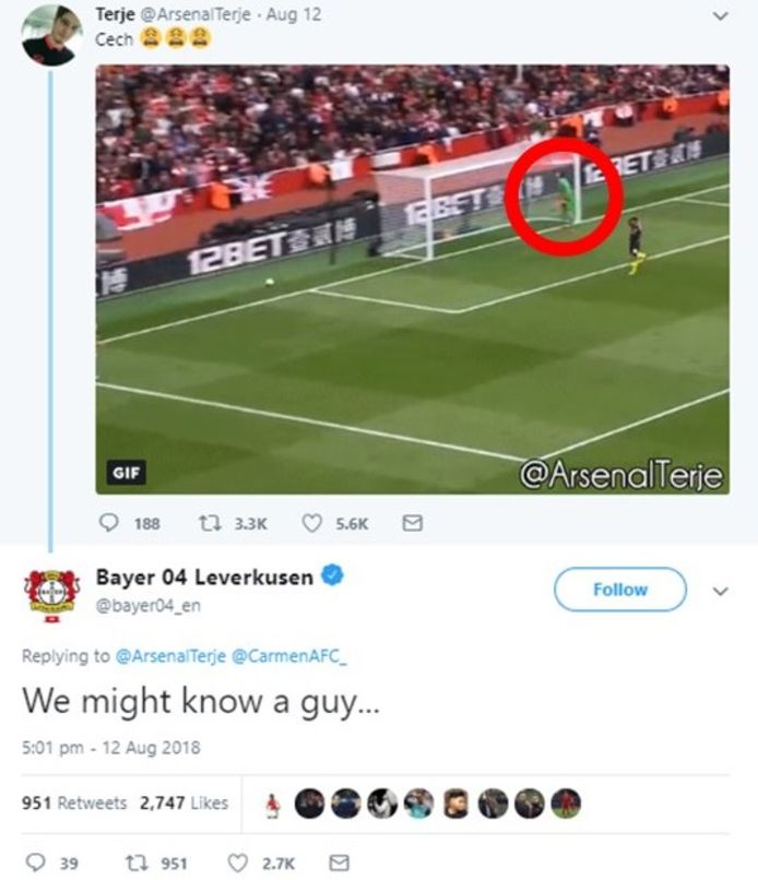 Bayer Leverkusen lachte op Twitter met de blunder van Petr Cech.