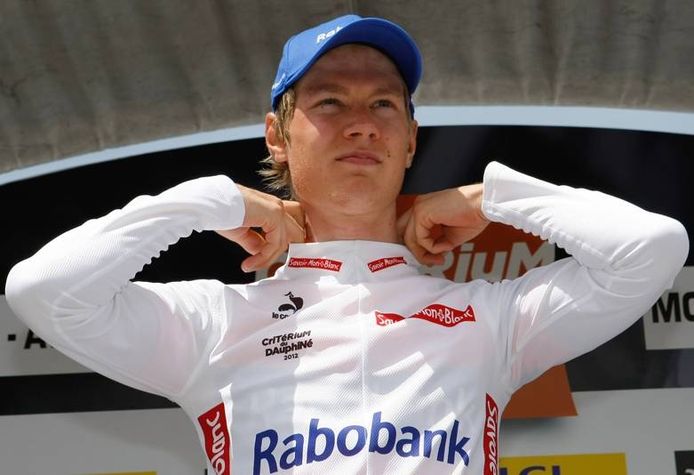 Rabo-renner Wilco Kelderman behield ook de in laatste etappe van de Dauphiné de witte trui. Hij eindigde in het algemeen klassement als achtste. foto Claude Paris/AP
