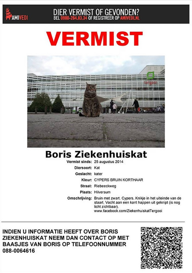 Een van de opsporingsberichten voor Boris die vandaag op straat worden verspreid in Hilversum.