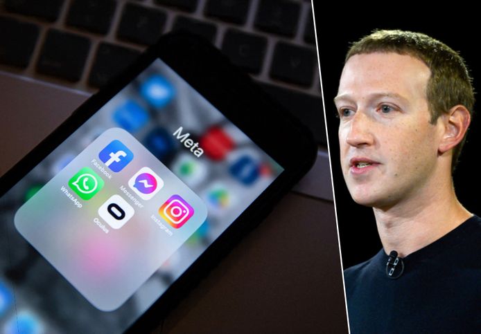 Fotomontage HLN. Links verschillende apps van techgigant Meta, rechts CEO van Meta Mark Zuckerberg.