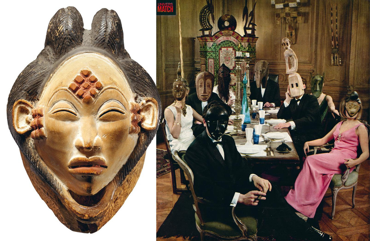 1. Okuyi-masker, Punu-Lumbo (cultuur), Gabon, begin 20ste eeuw, Collectie Wereldmuseum Rotterdam, Lemaire 1950 2. Tony Saulnier, 'À Paris, rue Jacob, le Dîner des collectionneurs de têtes', 1966, gepubliceerd in 'L'art nègre', Univers Match. Beeld  