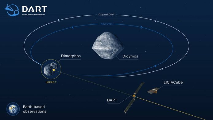 In this image NASA explains how DART works.  The spacecraft should slam into Dimorphos, causing it to change orbit around Didymos.  This way we can see if we can stop any future asteroids.