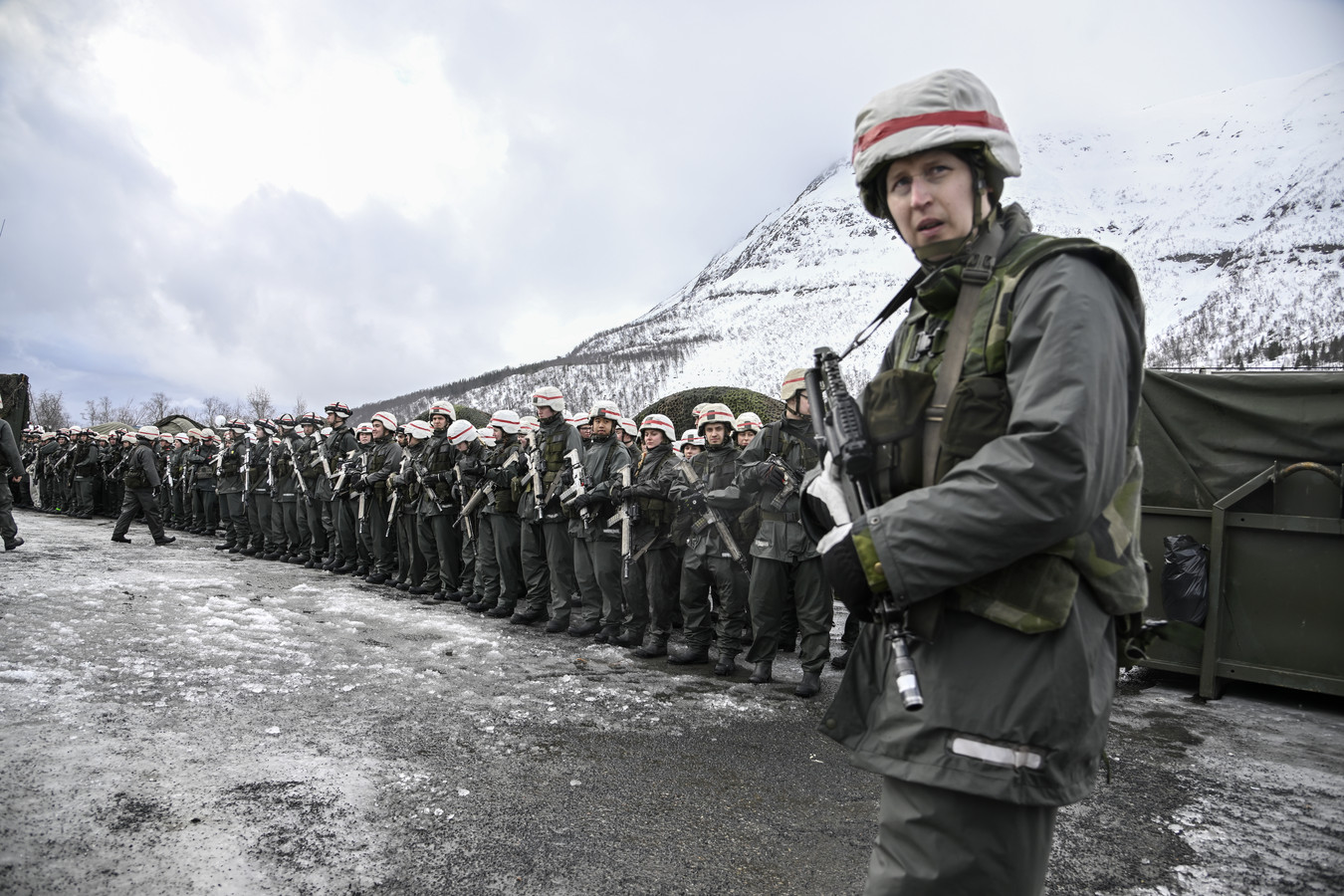 Zweedse militairen tijdens een internationale oefening in Noorwegen in maart.