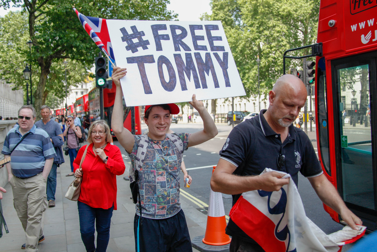 Demonstratie voor de vrijlating van Tommy Robinson in Londen. Beeld Getty