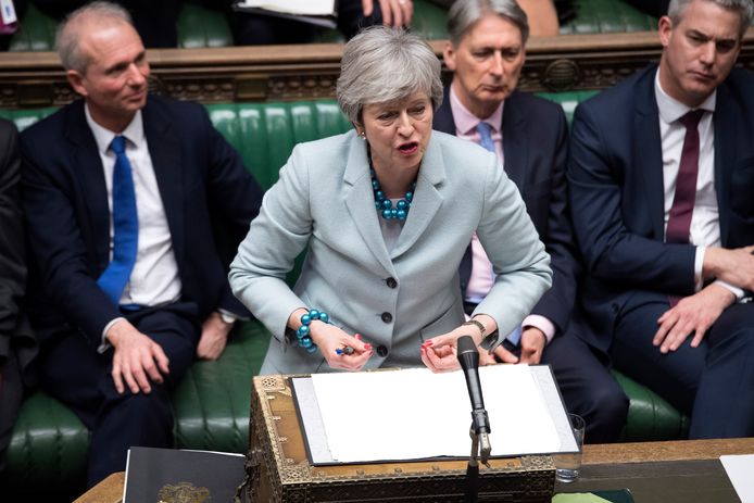 Theresa May aan het woord in het Britse House of Commons, het Lagerhuis.