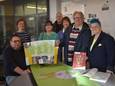 V.l.n.r.: vrijwilliger Jeroen, coördinator Chris Dielis, vrijwilliger Sonja, voorzitter Jos Heylen, vrijwilligers Kristel Mark en Cas van Rap op Stap Turnhout.