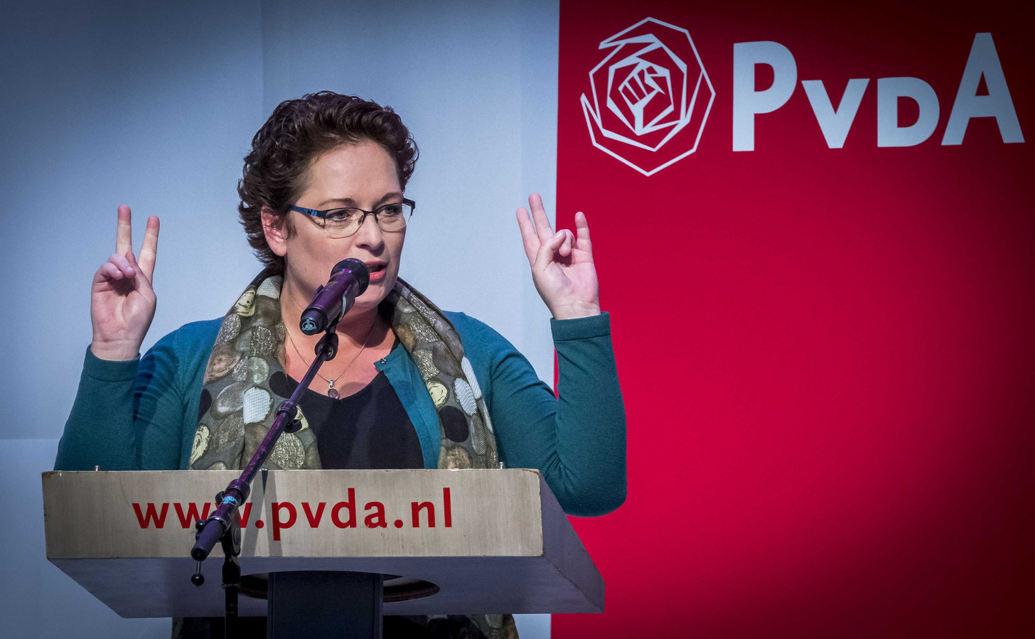 Nelleke Vedelaar tijdens haar presentatie als nieuwe voorzitter van de PvdA tijdens een partijcongres in 2017.