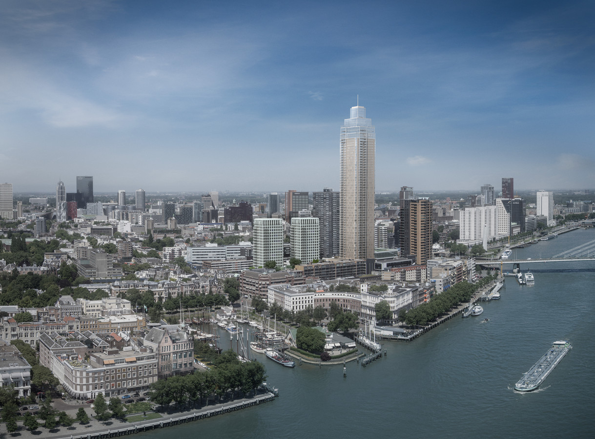 Impressie van het project Zalmhaven met de 215 meter hoge woontoren.