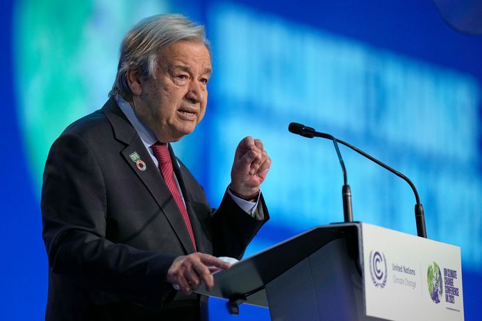 Le Secrétaire général de l'ONU, Antonio Guterres, s'exprime lors de la COP26 à Glasgow, en Écosse, le jeudi 11 novembre 2021.