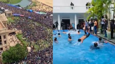Beelden tonen hoe duizenden manifestanten residentie president Sri Lanka bestormen en zwembad induiken: premier bereid op te stappen
