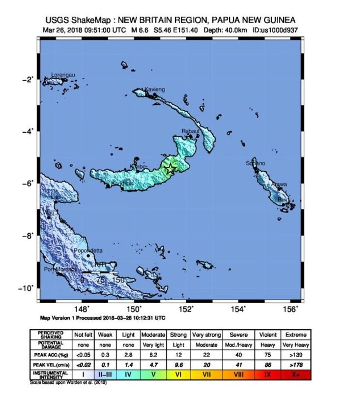 Een kaart van de USGS toont waar de beving enkele dagen geleden, op 26 maart, plaatsvond.