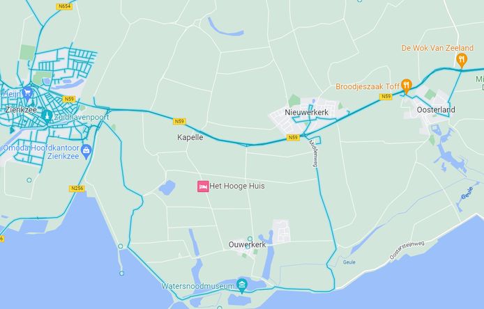 Veel wegen en dorpen op Schouwen-Duiveland zijn nog onontgonnen gebied in Google Street View. Op de blauwe wegen heeft de auto wél rondgereden.