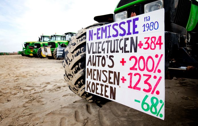 Boeren parkeerden hun tractoren vorig jaar in Scheveningen om in Den Haag te protesteren tegen de stikstofmaatregelen die hen gaan treffen. Zij trekken de uitstootcijfers al jaren in twijfel.