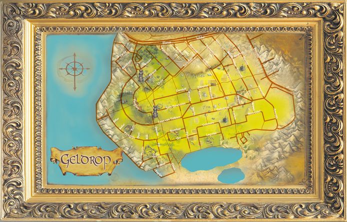 Een kaart van de wijk rondom de Laan van Tolkien in de stijl van Midden-Aarde.