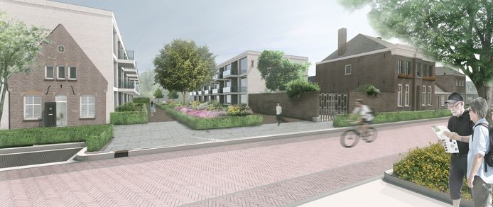 Impressie van de nieuwbouw aan de Pastoor van Erpstraat in Schijndel. Met links de kopgevel van de Maria-Hoeve die behouden blijft. Daarachter komt een van de appartementengebouwen.
