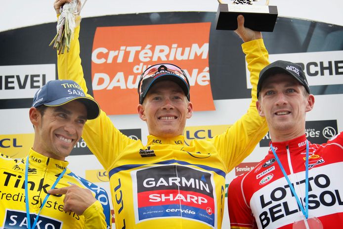 V.l.n.r: Alberto Contador, Andrew Talansky en Jurgen van den Broeck. In 2014 samen nog stralend op het eindpodium in de Dauphiné, in 2018 verdwenen uit het peloton.