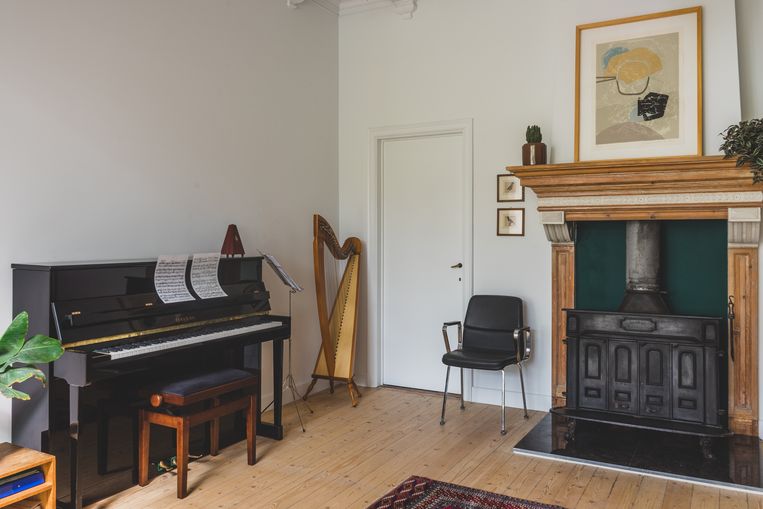 Wat vroeger ‘de donkerste kamer' van het huis was, is nu een gezellige muziekkamer met harp en piano.  Beeld Hannelore Veelaert