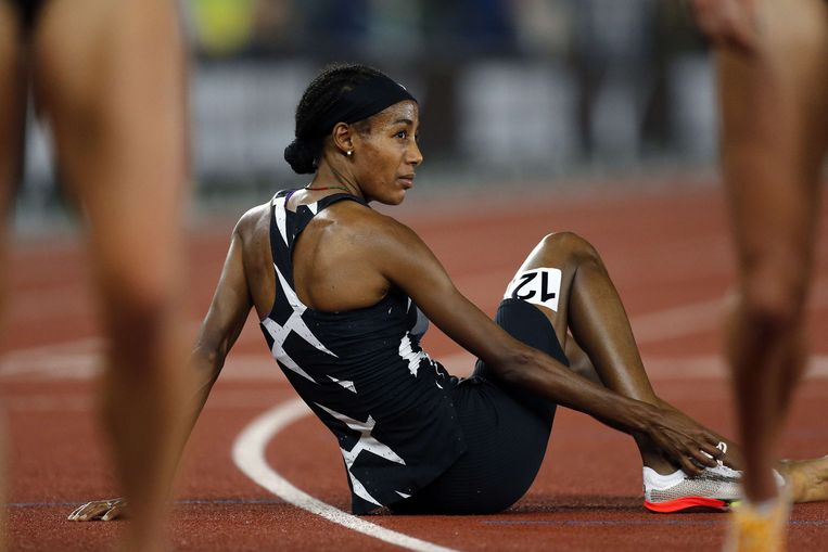 Hassan na afloop van haar race in Oregon. Beeld AFP