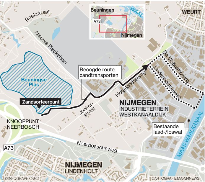 De beoogde transportroute voor het zand van de Beuningse Plas naar de Westkanaaldijk.