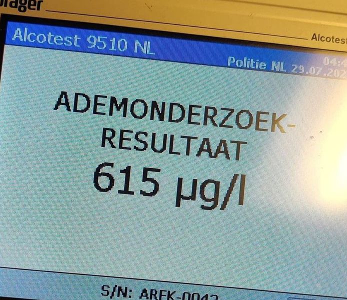 Op het hoofdbureau werd een ademanalyse afgenomen. De bestuurder blies 615 UGL.
