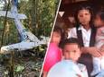 Het wrak van het vliegtuigje dat begin mei neerstortte in de Colombiaanse jungle. Drie volwassenen kwamen hierbij om het leven, vier kinderen (inzet) overleefden, maar zijn sindsdien spoorloos.