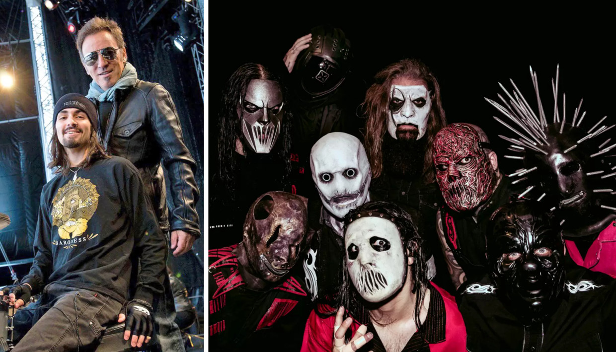 Drummer Jay Weinberg: links met Bruce Springsteen, rechts met Slipknot. ‘Ik zal wel nooit helemaal wennen aan dat masker.’ Beeld rv - Anthony Scanga