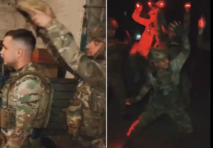 In de video is te zien hoe Oekraïense soldaten een vreugdedansje doen voor de herovering van Lyman.