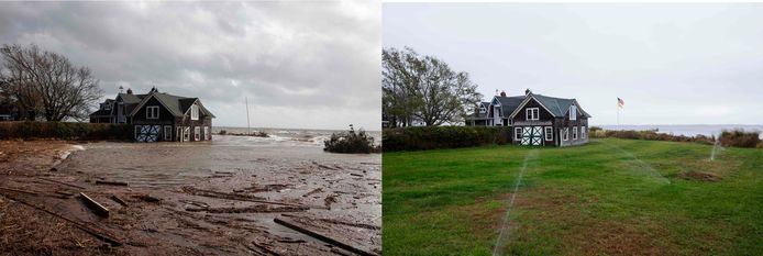 Dit huis in Bellport, in de staat New York, werd in oktober 2012 getroffen door superstorm Sandy. De foto rechts is van precies een jaar later, toen was het nodig het gras te besproeien.