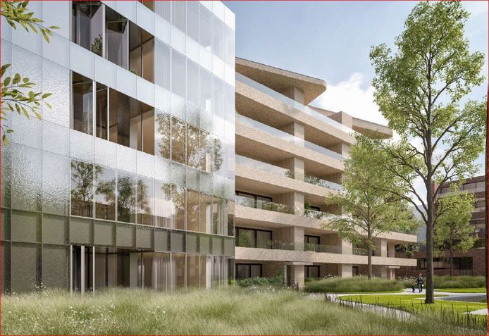 Een blik op de toekomstige Speytorre, een nieuw flatgebouw langs de Leie, schuin achter de rechter-Broeltoren (op deze simulatie niet te zien).