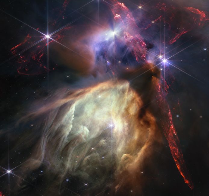 Het Rho Ophiuchi-wolkencomplex, waargenomen door de James Webb ruimtetelescoop.