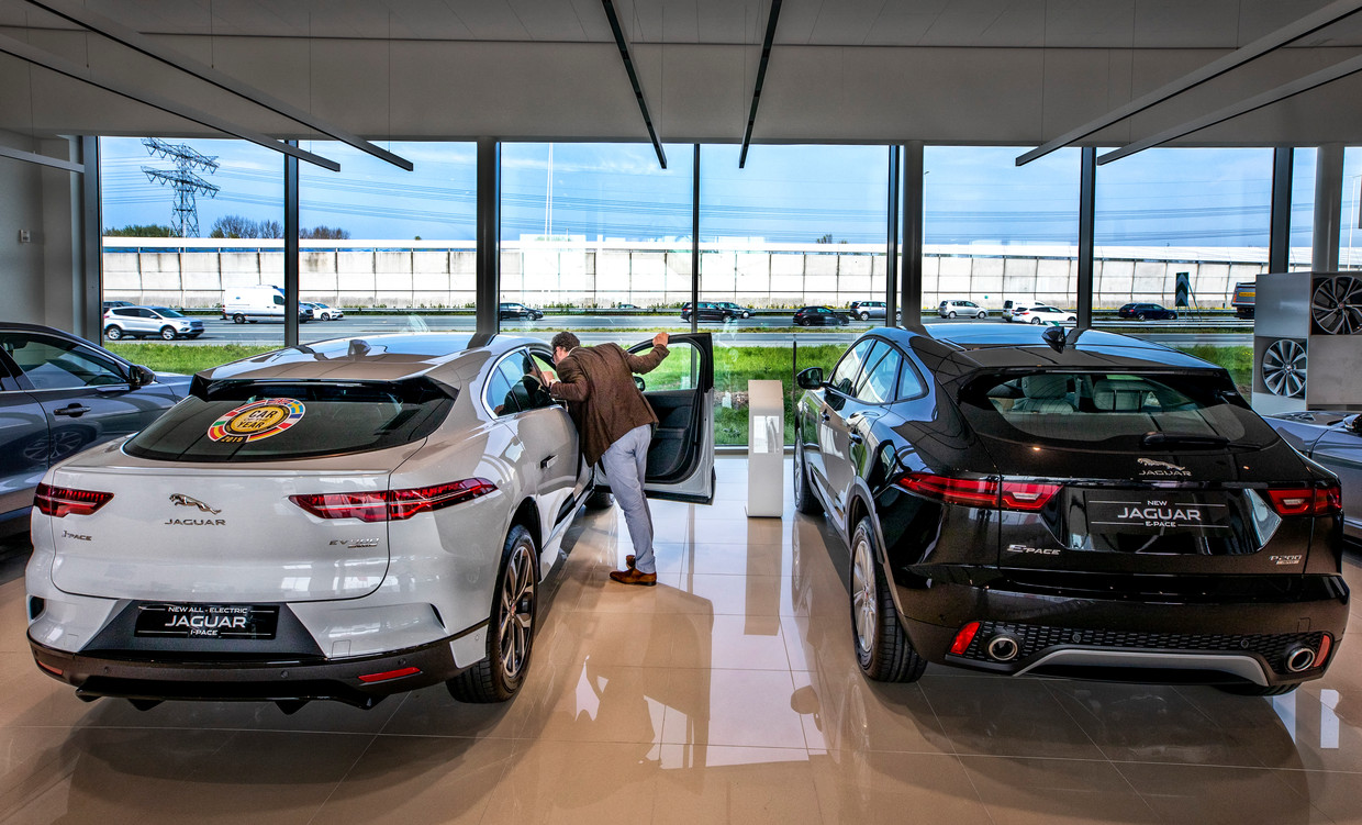 De elektrische Jaguar I Pace (links in het wit) bij een dealer. Beeld Raymond Rutting / de Volkskrant