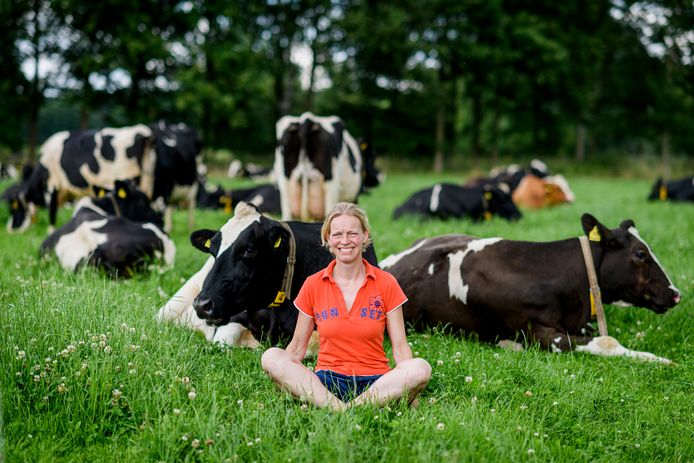 Bertine Luttikhedde bij de koeien in de wei.
